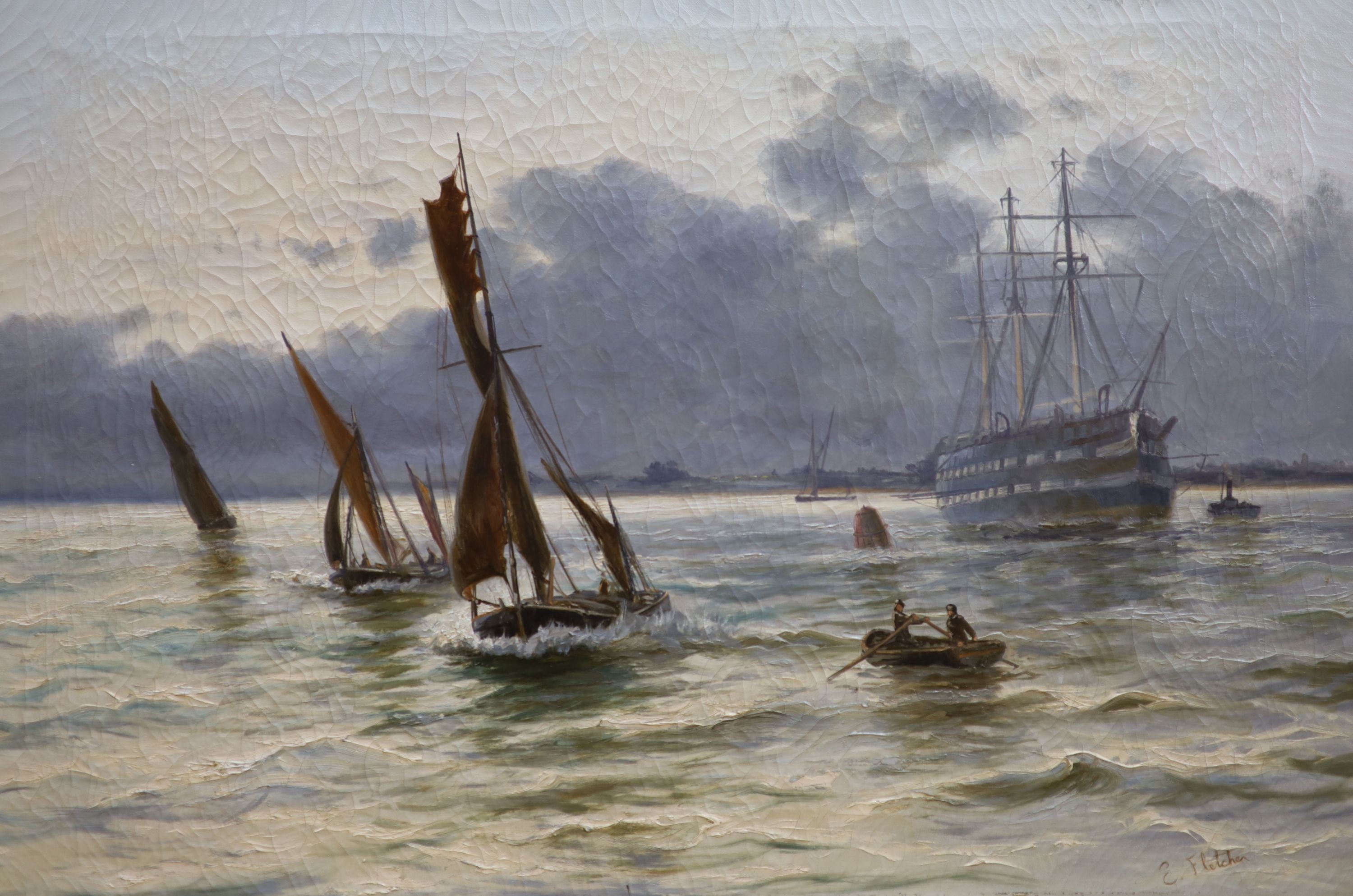 Manner of Edwin Fletcher, oil on canvas warship and fishing boats on an estuary, bears signature, 51 x 76 cm, unframed.